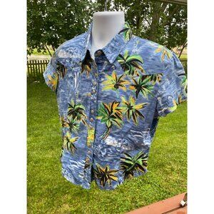 Vintage Circle T Western Wear Hawaiian Shirt Child's X-Large Blue Palm Tree Desi
